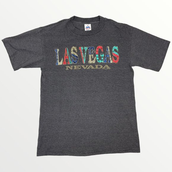 Vintage 90's Single Stitch Las Vegas Nevada Pinstriped Short Sleeve T-Shirt USA - Picture 1 of 9